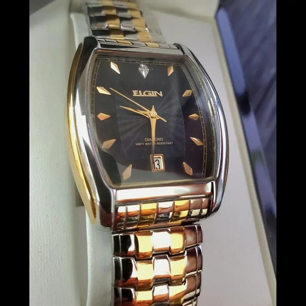 Rare Elgin Lord Diamond Dial Barrel Dress Watch Box Papers‎